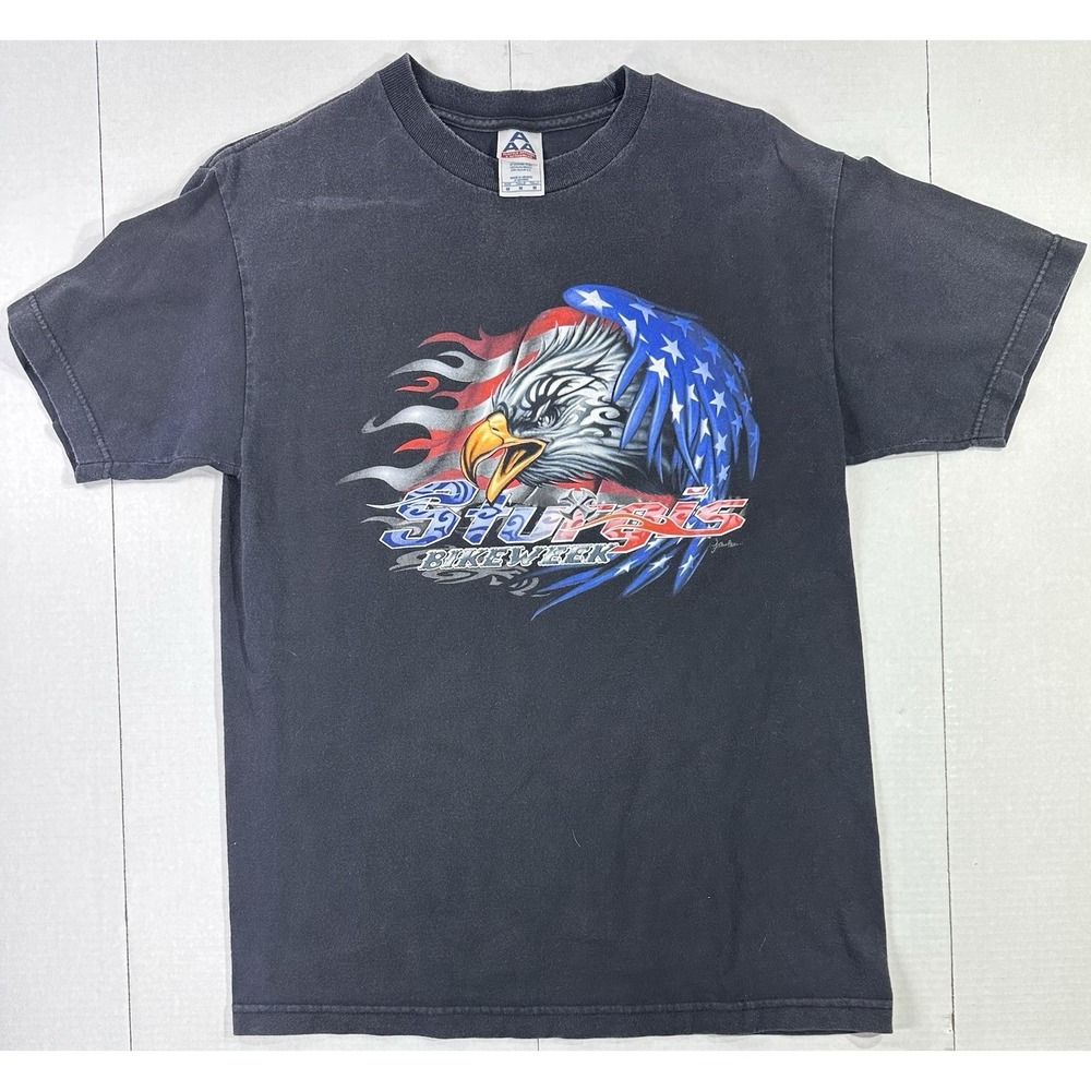 Vintage Sturgis Bike Week T-Shirt Eagle Flames USA Graphic Black Tee Men's Med